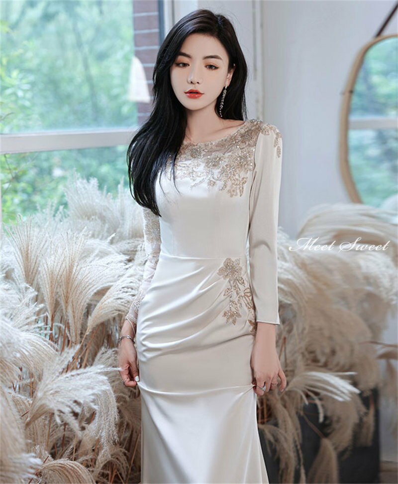 カラードレス ファスナー シャンパン 長袖 パーティードレス フォーマルドレス ロングドレス マーメイドドレス 結婚式 二次会 発表会 イブニングドレス 秋冬新作 ゲストドレス ウェディングドレス ウエディングドレス 女子会 同窓会 セレモニー 入学式 卒業式 披露宴