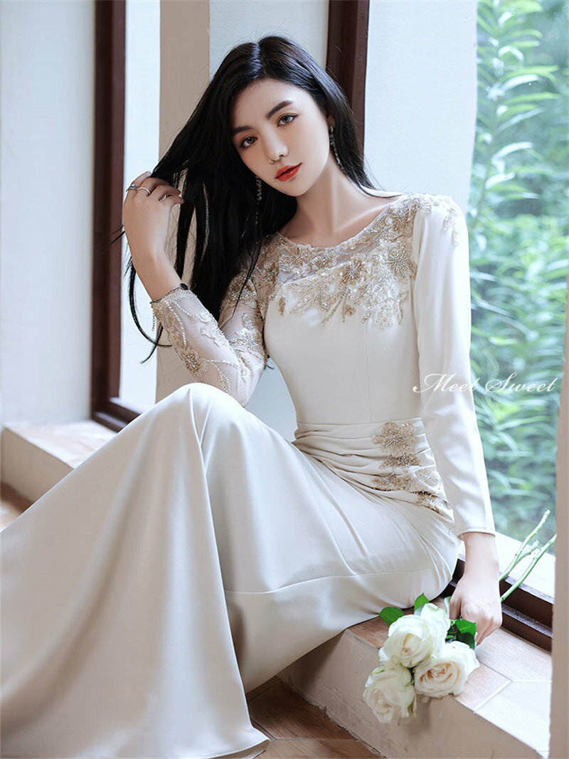 カラードレス ファスナー シャンパン 長袖 パーティードレス フォーマルドレス ロングドレス マーメイドドレス 結婚式 二次会 発表会 イブニングドレス 秋冬新作 ゲストドレス ウェディングドレス ウエディングドレス 女子会 同窓会 セレモニー 入学式 卒業式 披露宴