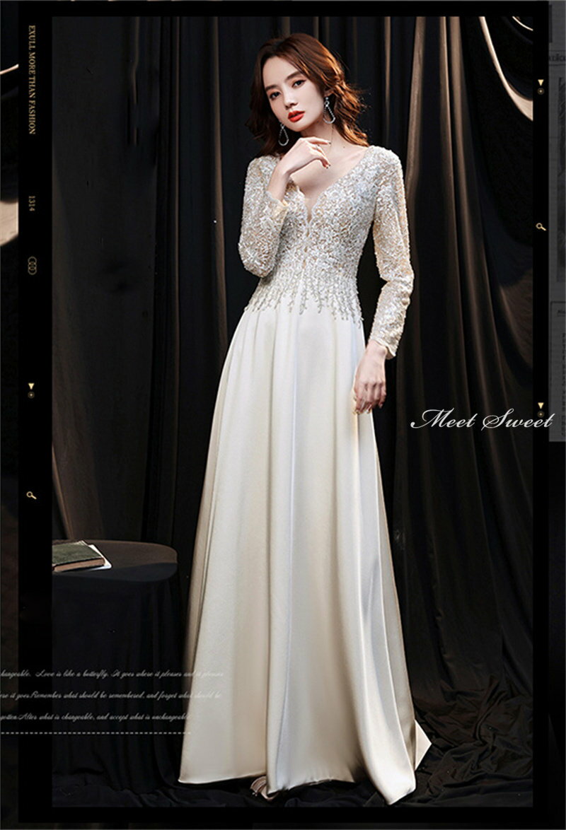 カラードレス ファスナー シャンパン 長袖 パーティードレス フォーマルドレス ロングドレス マーメイドドレス 結婚式 二次会 発表会 イブニングドレス Vネック ゲストドレス ウェディングドレス ウエディングドレス 女子会 同窓会 セレモニー 入学式 卒業式 披露宴