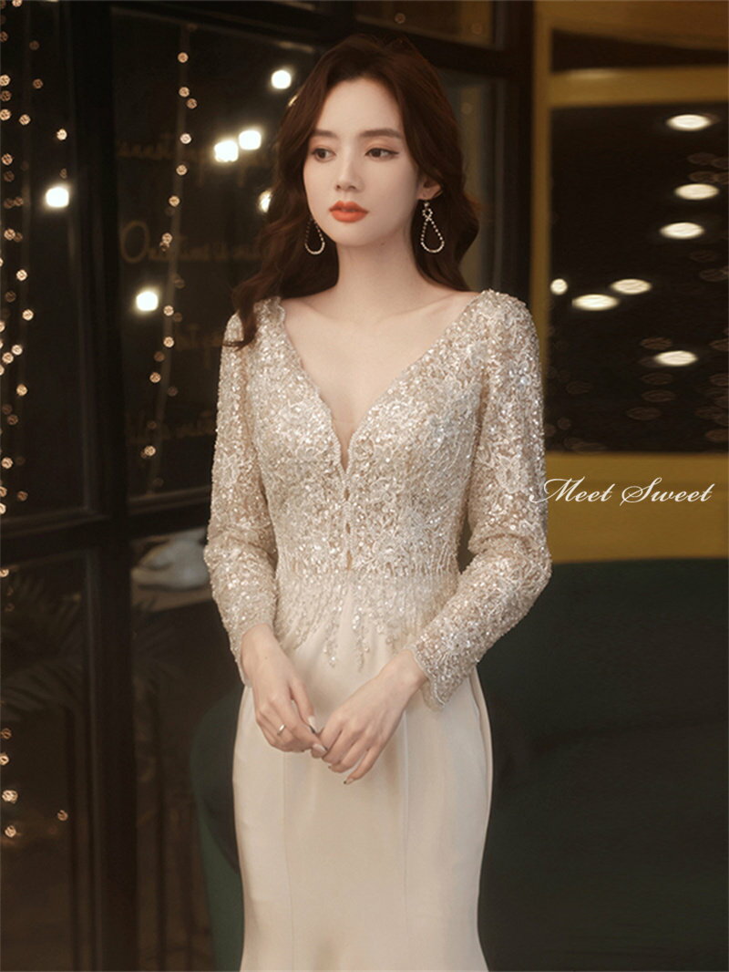 カラードレス ファスナー シャンパン 長袖 パーティードレス フォーマルドレス ロングドレス マーメイドドレス 結婚式 二次会 発表会 イブニングドレス Vネック ゲストドレス ウェディングドレス ウエディングドレス 女子会 同窓会 セレモニー 入学式 卒業式 披露宴