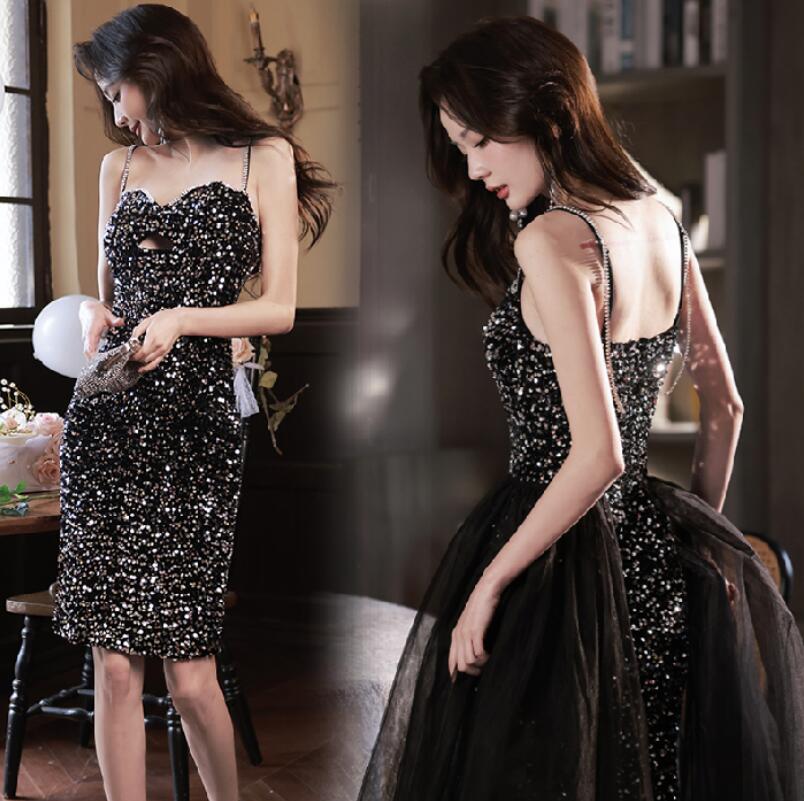 カラードレス 2way ファスナー パーティードレス フォーマル ミディアムドレス 結婚式 二次会 披露宴 発表会 演奏会 スパンコール ブラック イブニングドレス ゲストドレス ウェディングドレス カクテルドレス ブライダル ミニドレス キャミソール ノースリーブ 黒