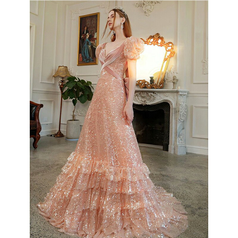 カラードレス パーティードレス イブニングドレス ウェディングドレス ピンク 発表会 演奏会 結婚式 二次会 花嫁 フリル リボン スパンコール 可愛い キラキラウエディングドレス ブライダル 披露宴 Aラインドレス パフスリーブ ベロア 誕生日パーティー 前撮り