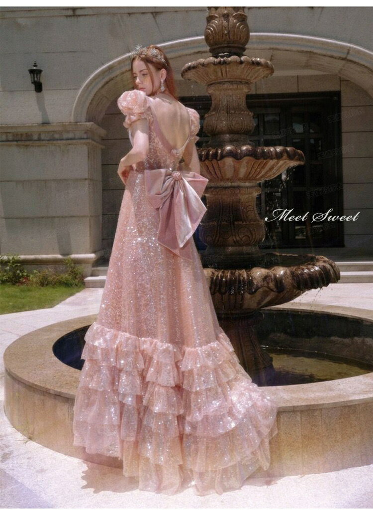 カラードレス パーティードレス イブニングドレス ウェディングドレス ピンク 発表会 演奏会 結婚式 二次会 花嫁 フリル リボン スパンコール 可愛い キラキラウエディングドレス ブライダル 披露宴 Aラインドレス パフスリーブ ベロア 誕生日パーティー 前撮り