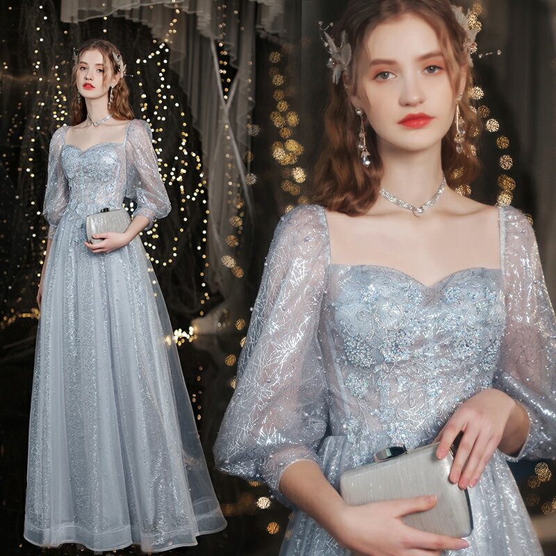 カラードレス パーティードレス イブニングドレス ウェディングドレス シルバー バルーンスリーブ 編み上げ コンサート 発表会 演奏会 結婚式 二次会 コンクールウエディングドレス 袖あり 長袖 ロングスリーブ グレー 披露宴 フォーマルドレス チュール 編み上げ
