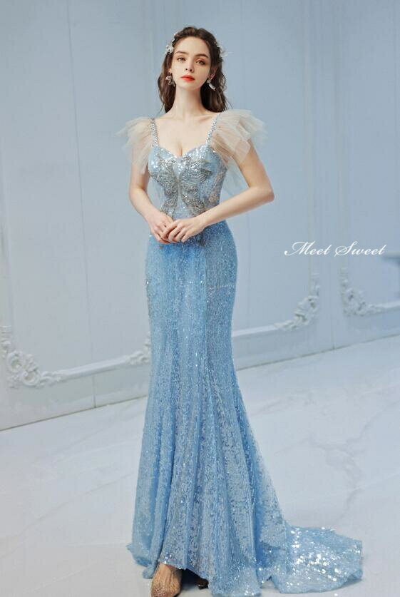 カラードレス パーティードレス イブニングドレス マーメイドドレス ブルー スパンコール フライングスリーブ ウェディングドレス 結婚式 舞台 フォーマルドレスウエディングドレス ロングドレス マーメイドラインドレス 青 二次会 披露宴 前撮り フリル 編み上げ