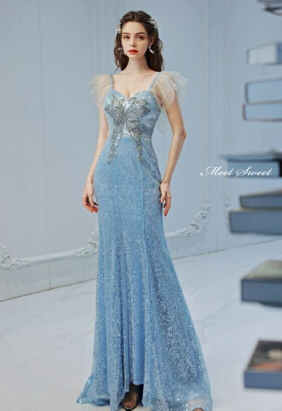カラードレス パーティードレス イブニングドレス マーメイドドレス ブルー スパンコール フライングスリーブ ウェディングドレス 結婚式 舞台 フォーマルドレスウエディングドレス ロングドレス マーメイドラインドレス 青 二次会 披露宴 前撮り フリル 編み上げ