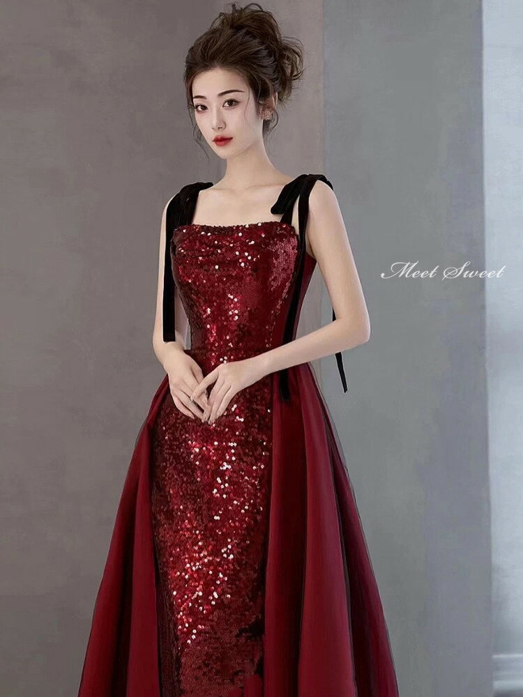 カラードレス ウェディングドレス ウエディングドレス イブニングドレス ワインレッド リボン ノースリーブ スパンコール 赤 発表会 演奏会 結婚式 二次会 花嫁パーティードレス ロングドレス カクテルドレス Aラインドレス 編み上げ トレーン フォーマルドレス