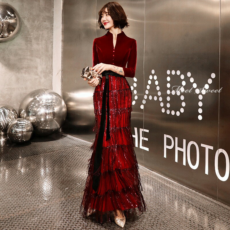 カラードレス ウェディングドレス ウエディングドレス イブニングドレス ワインレッド ブラック ベルベット マーメイドドレス 発表会 演奏会 結婚式 二次会 花嫁パーティードレス ロングドレス カクテルドレス フォーマルドレス マーメイドラインドレス 赤 黒 袖あり
