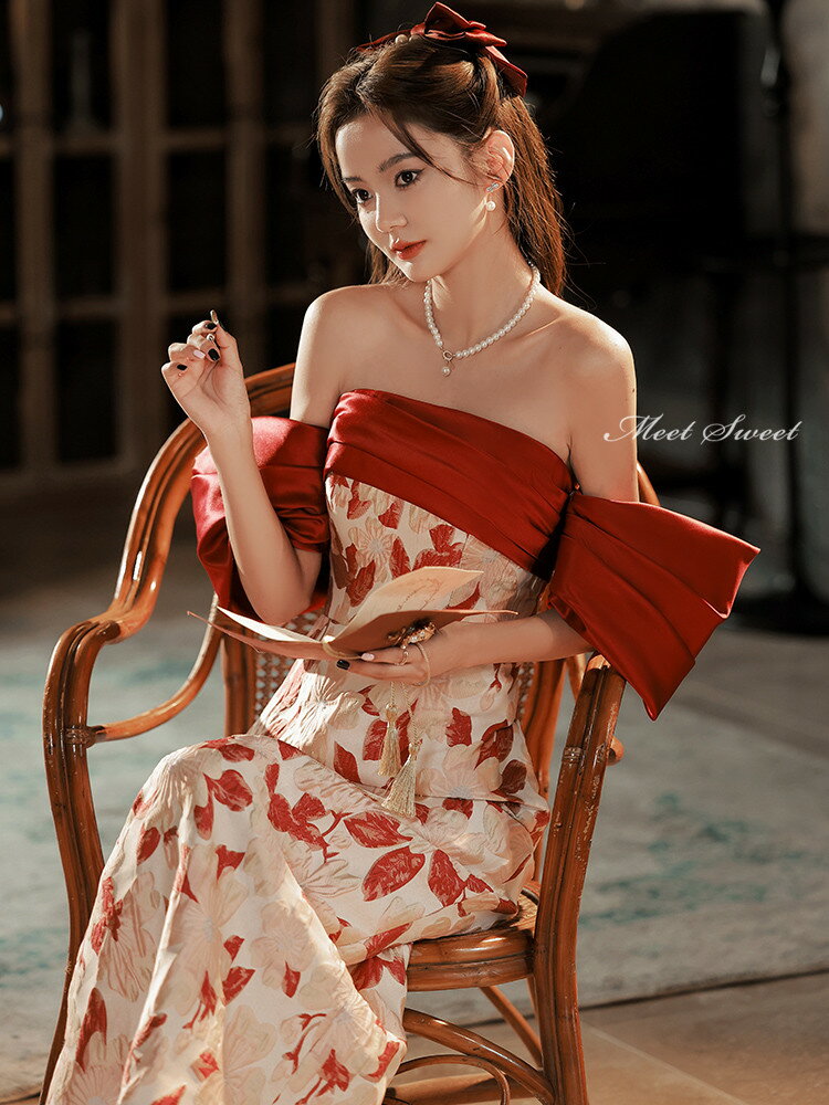 カラードレス 2way 付け袖 ウェディングドレス マーメイドドレス スレンダードレス 赤 ビスチェ 花柄 ウエディングドレス イブニングドレス 結婚式 二次会 和風パーティードレス ロングドレス カクテルドレス フォーマルドレス 発表会 演奏会 花嫁 前撮り 細身ドレス