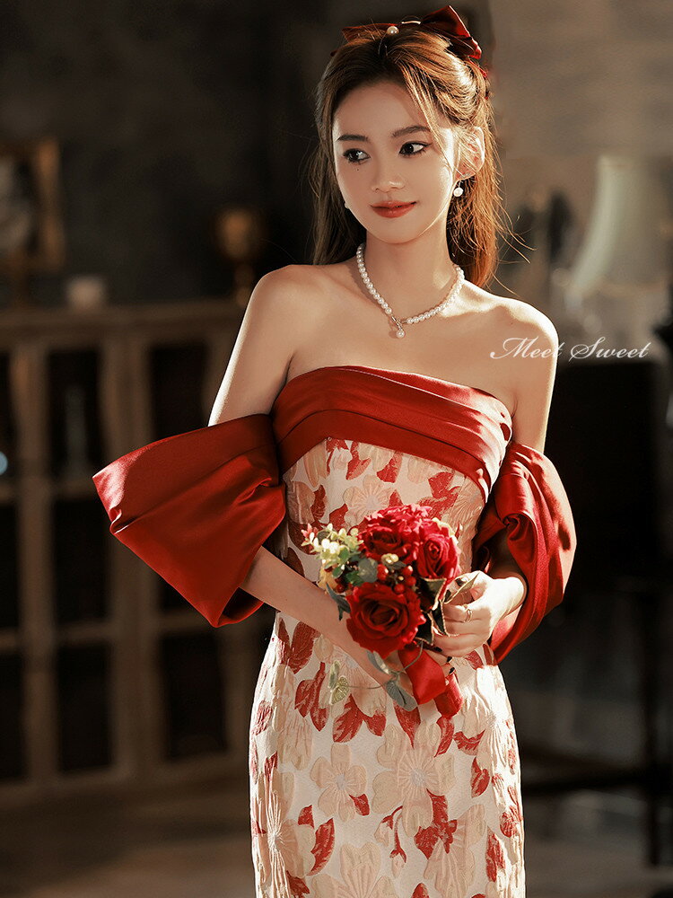 カラードレス 2way 付け袖 ウェディングドレス マーメイドドレス スレンダードレス 赤 ビスチェ 花柄 ウエディングドレス イブニングドレス 結婚式 二次会 和風パーティードレス ロングドレス カクテルドレス フォーマルドレス 発表会 演奏会 花嫁 前撮り 細身ドレス
