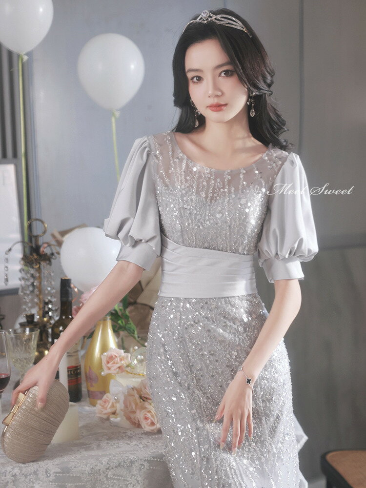 【P5倍★BLACK FRIDAY限定】カラードレス ウェディングドレス グレー シルバー マーメイドドレス パフスリーブ 半袖 ウエディングドレス イブニングドレス 発表会 演奏会 結婚式 二次会 花嫁パーティードレス ロングドレス カクテルドレス フォーマルドレス