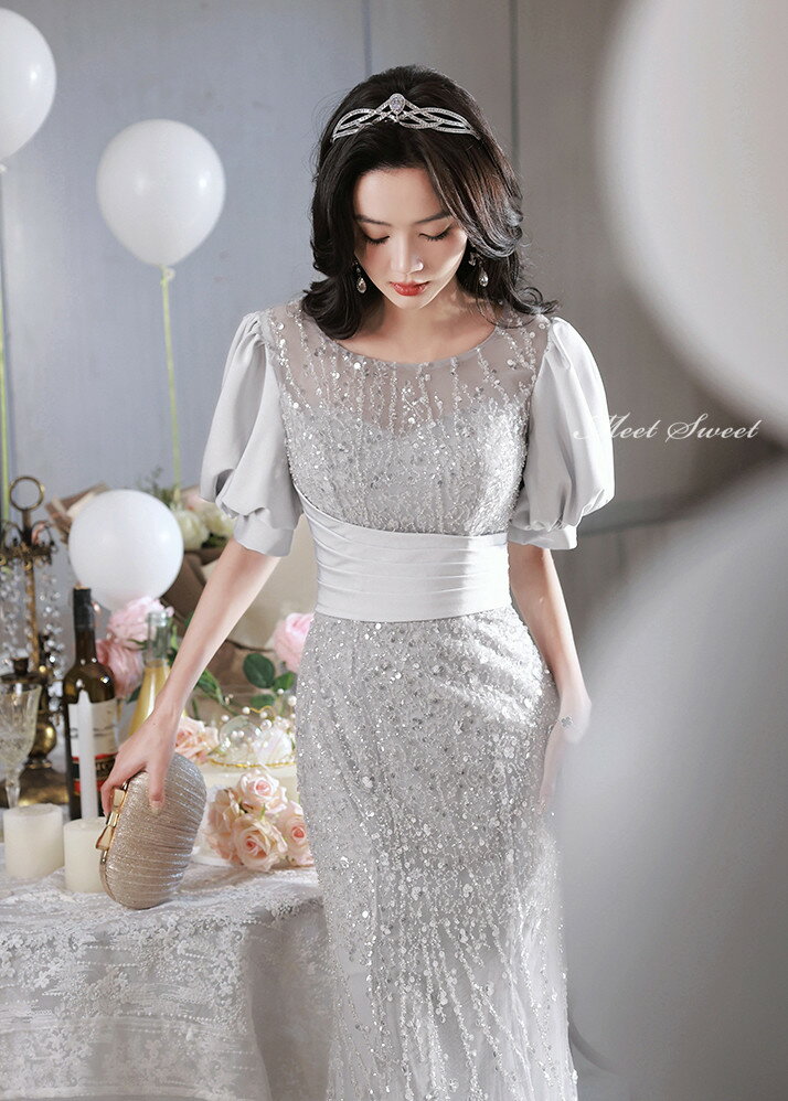 【P5倍★BLACK FRIDAY限定】カラードレス ウェディングドレス グレー シルバー マーメイドドレス パフスリーブ 半袖 ウエディングドレス イブニングドレス 発表会 演奏会 結婚式 二次会 花嫁パーティードレス ロングドレス カクテルドレス フォーマルドレス