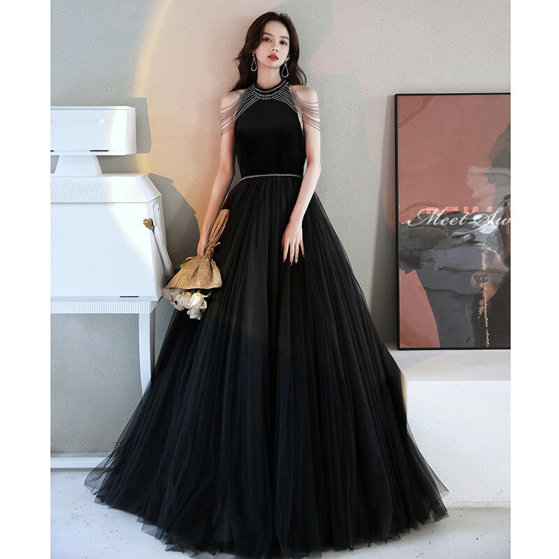 カラードレス ブラック 黒 ホルターネック ビーズ チュール ウェディングドレス ウエディングドレス イブニングドレス 発表会 演奏会 成人式 結婚式 二次会 花嫁パーティードレス ロングドレス カクテルドレス フォーマルドレス Aラインドレス コンサート おしゃれ