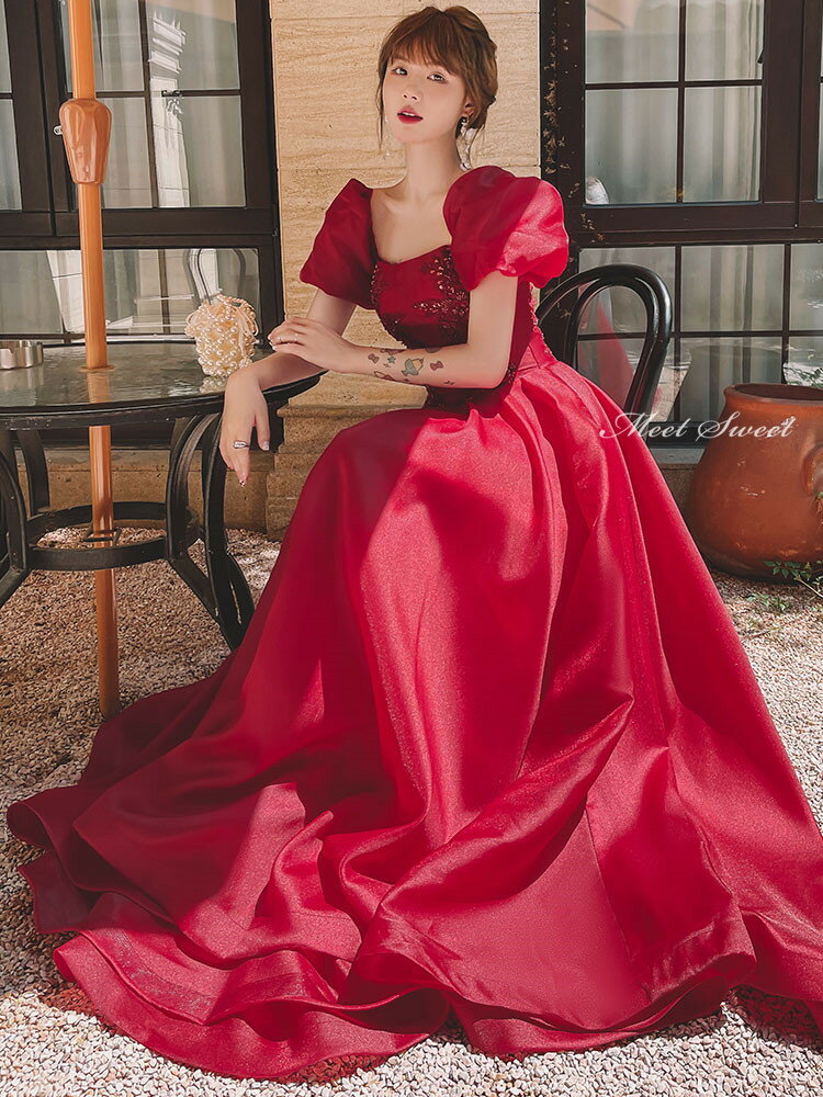 カラードレス ウェディングドレス ワインレッド 半袖 ウエディングドレス イブニングドレス 発表会 演奏会 結婚式 二次会 花嫁 前撮り 編み上げ 卒業式 フォーマルパーティードレス ロングドレス カクテルドレス パフスリーブ ブライダル 女子会 同窓会 オーガンジー