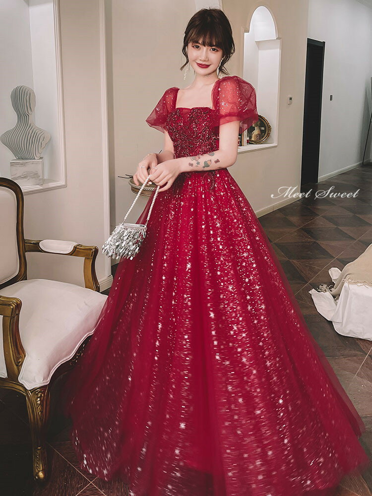 カラードレス ウェディングドレス ワインレッド 半袖 星柄 Aラインドレス パフスリーブ ウエディングドレス イブニングドレス 発表会 演奏会 結婚式 二次会 花嫁パーティードレス ロングドレス カクテルドレス フォーマルドレス 編み上げ 女子会 同窓会 卒業式 お洒落