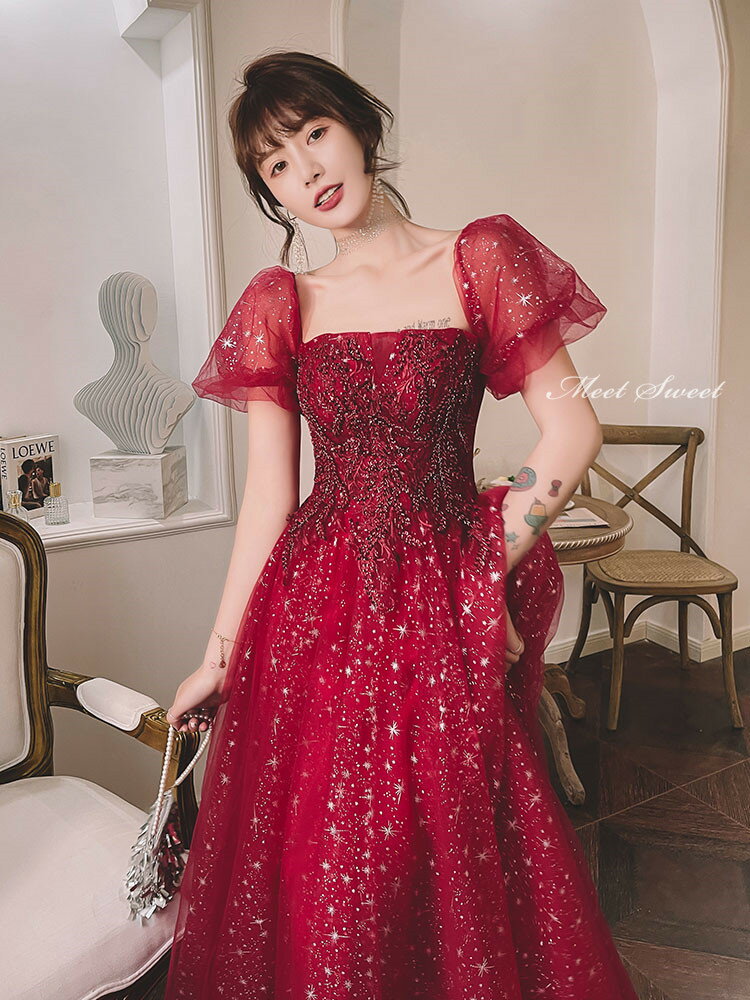 カラードレス ウェディングドレス ワインレッド 半袖 星柄 Aラインドレス パフスリーブ ウエディングドレス イブニングドレス 発表会 演奏会 結婚式 二次会 花嫁パーティードレス ロングドレス カクテルドレス フォーマルドレス 編み上げ 女子会 同窓会 卒業式 お洒落
