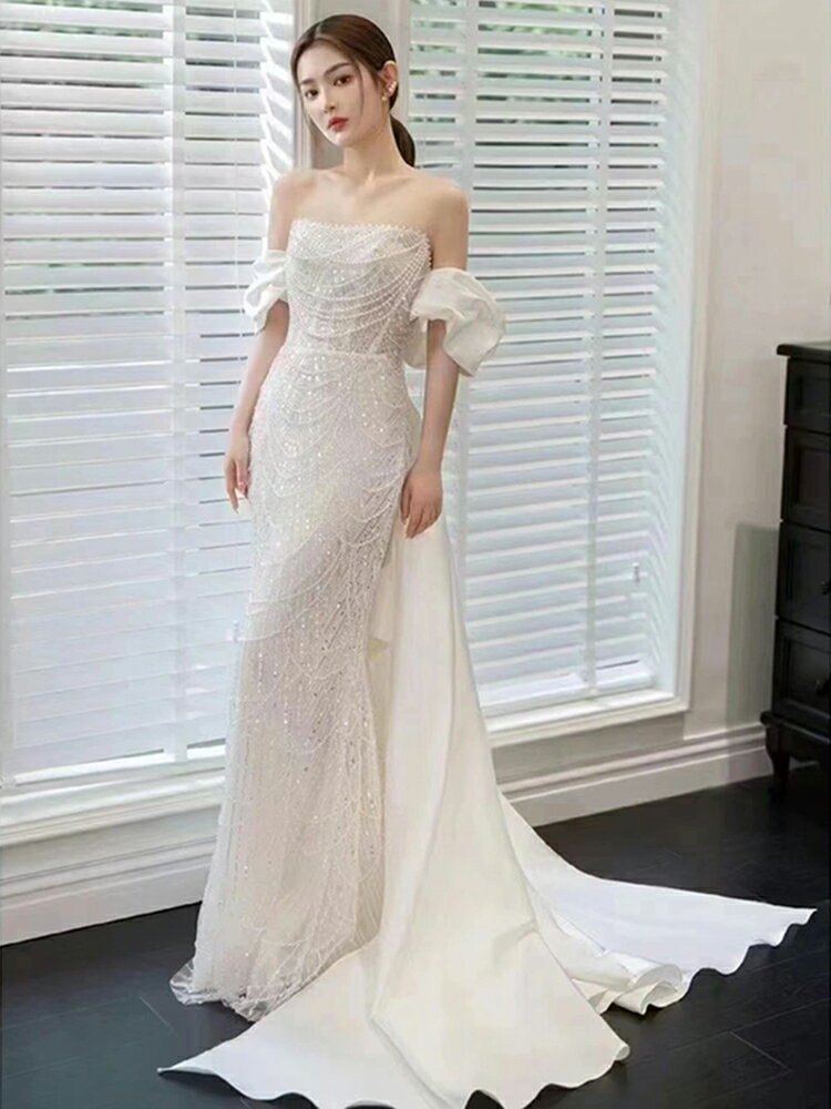ウェディングドレス ウエディングドレス ロングドレス 二次会 結婚式 前撮り ブライダル 花嫁 マーメイドドレス ビスチェ 後ろリボン トレーン パール 海外挙式 フォトウェディング オフホワイト wedding dress オフショルダー 小さいサイズ 大きいサイズ