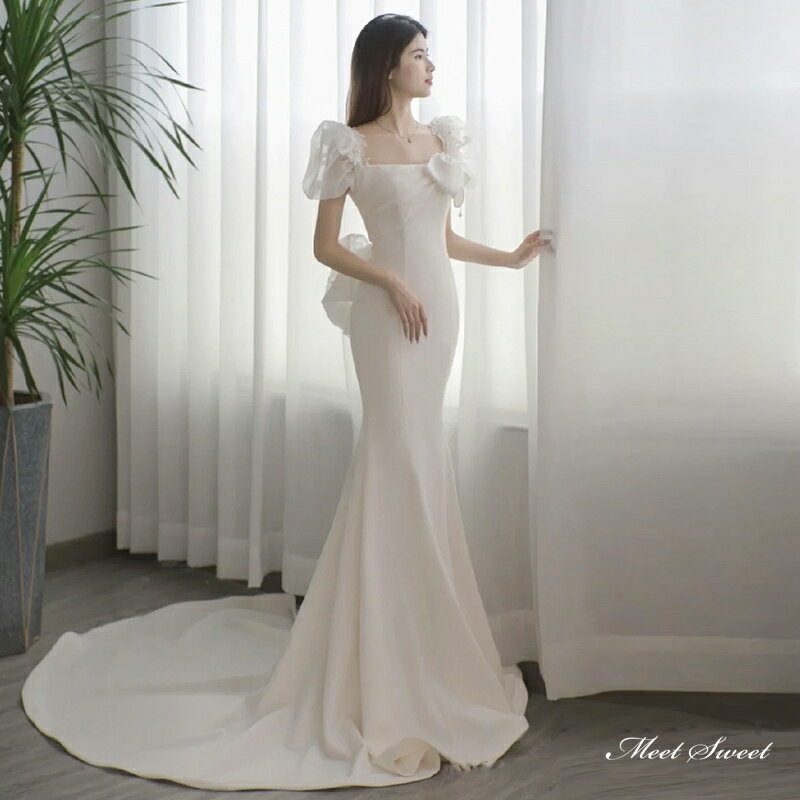 ウェディングドレス ウエディングドレス ロングドレス 二次会 結婚式 前撮り ブライダル 花嫁 半袖 マーメイドドレス トレーン 後ろリボン おしゃれ 海外挙式 フォトウェディング オフホワイト wedding dress パーティードレス 小さいサイズ 大きいサイズ