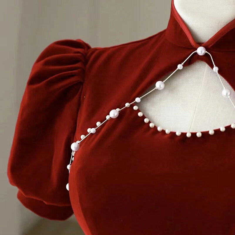 カラードレス ワインレッド ベルベット 半袖 チャイナ風 ウェディングドレス ウエディングドレス パーティードレス ロングドレス 発表会 演奏会 結婚式 二次会 イブニングドレス カクテルドレス フォーマルドレス カラオケドレス 卒業式 花嫁 前撮り パフスリーブ