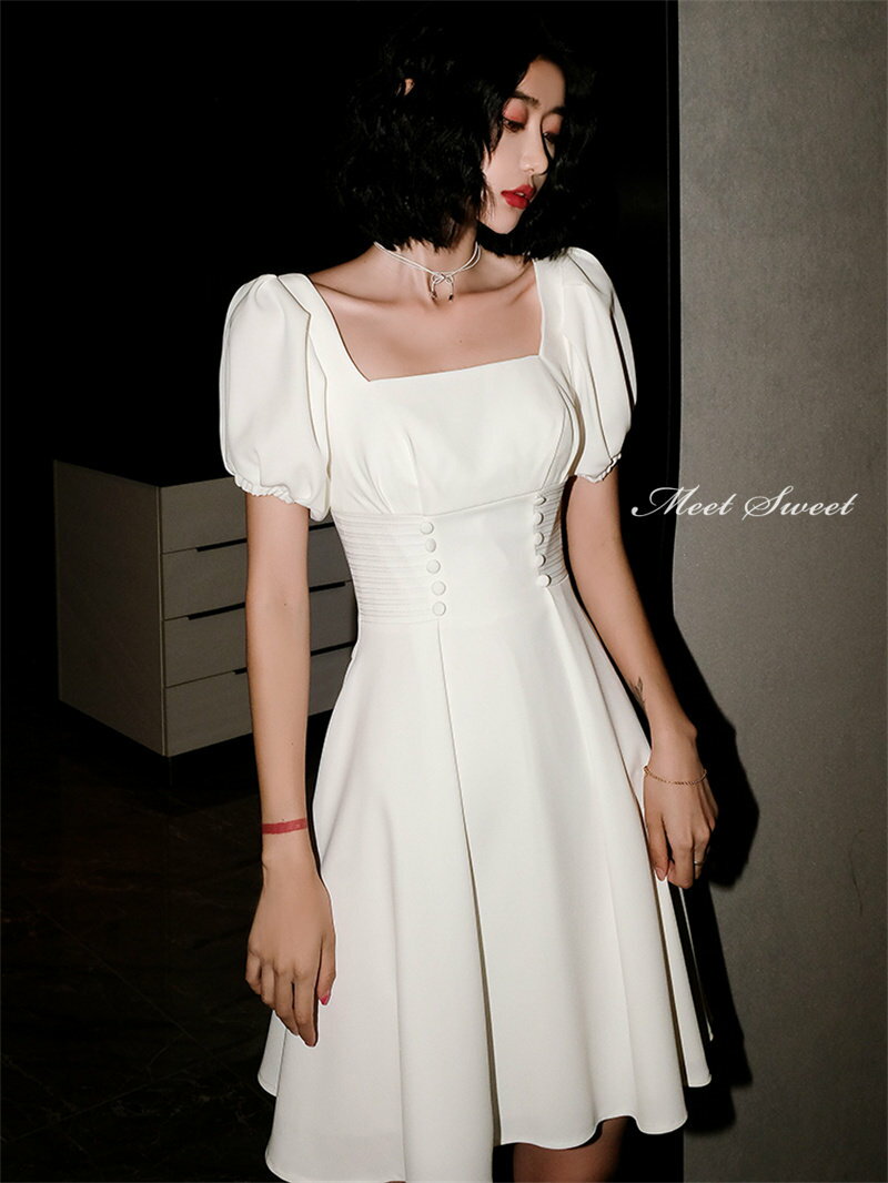 カラードレス カクテルドレス パーティードレス フォーマルドレス ミニドレス 膝上丈ワンピース 結婚式 二次会 発表会 パフスリーブ ホワイト ファスナー フレア イブニングドレス ウェディングドレス ウエディングドレス舞台演出ドレス 大人 おしゃれ ファッション