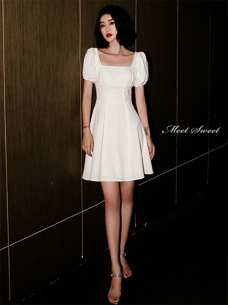 カラードレス カクテルドレス パーティードレス フォーマルドレス ミニドレス 膝上丈ワンピース 結婚式 二次会 発表会 パフスリーブ ホワイト ファスナー フレア イブニングドレス ウェディングドレス ウエディングドレス舞台演出ドレス 大人 おしゃれ ファッション