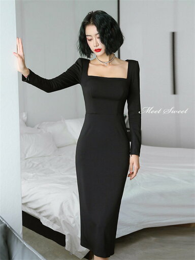 カラードレス カクテルドレス パーティードレス フォーマルドレス ミモレマーメイドワンピース 結婚式 発表会 ブラック 長袖 ファスナー スクエアネック サテン イブニングドレス ウェディングドレス ウエディングドレス舞台演出ドレス 大人 おしゃれ ファッション