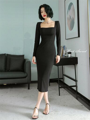 カラードレス カクテルドレス パーティードレス フォーマルドレス ミモレマーメイドワンピース 結婚式 発表会 ブラック 長袖 ファスナー スクエアネック サテン イブニングドレス ウェディングドレス ウエディングドレス舞台演出ドレス 大人 おしゃれ ファッション