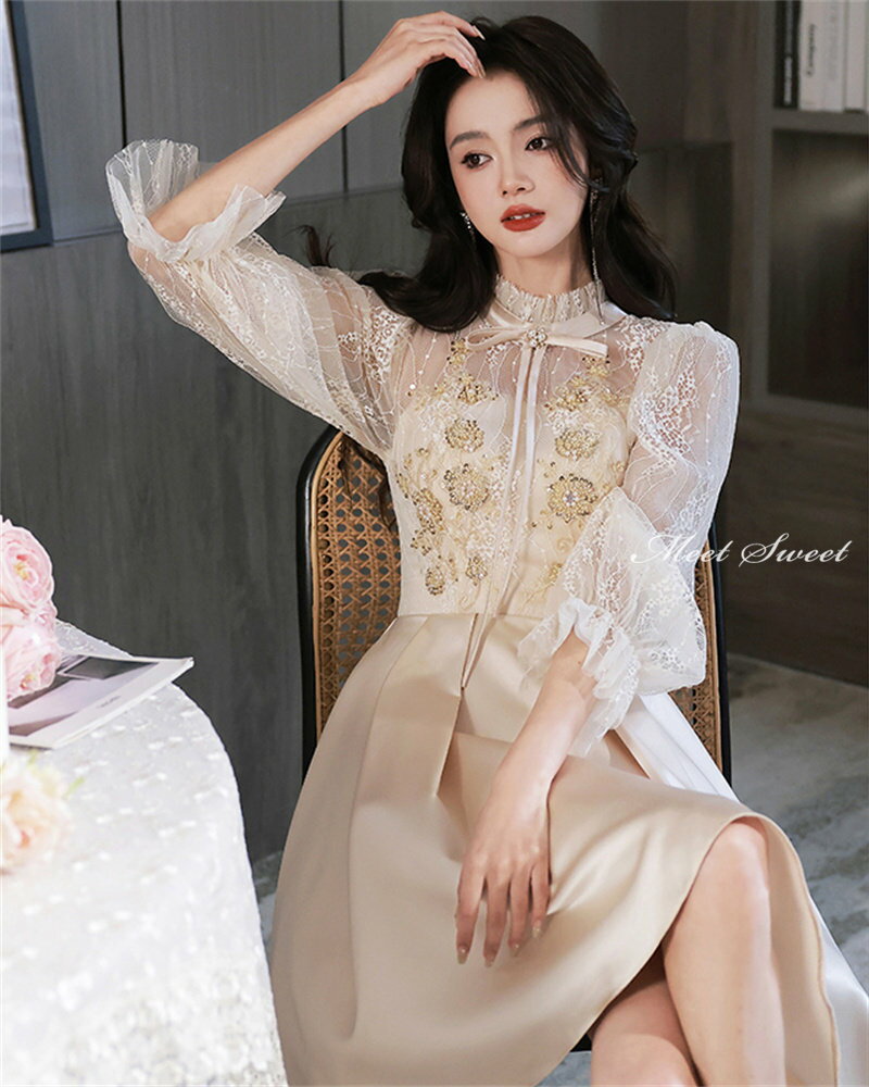 カラードレス カクテルドレス パーティードレス フォーマルドレス シャンパン 長袖 花 ミニドレス ミディアムワンピース 結婚式 二次会 発表会 イブニングドレス ゲストドレス ウェディングドレス ウエディングドレス 女子会 同窓会 セレモニー 入学式 卒業式 披露宴