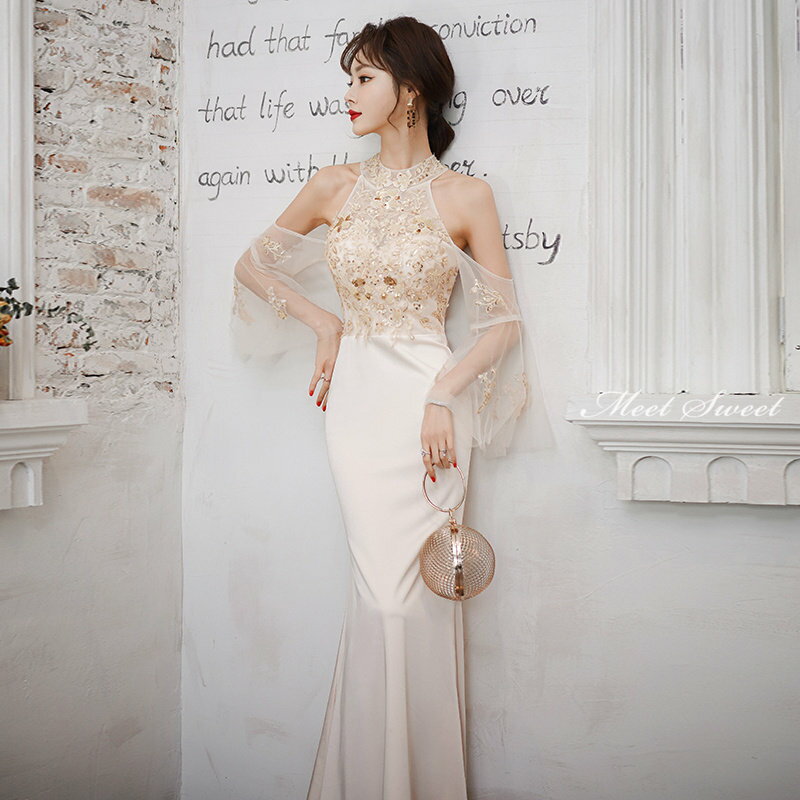 カラードレス シャンパン ファスナー パーティードレス フォーマル ロングドレス マーメイドドレス 結婚式 二次会 発表会 ウェディングドレス イブニングドレス ゲストドレス ホルターネック ウエディングドレス 女子会 同窓会 セレモニー 入学式 卒業式 披露宴