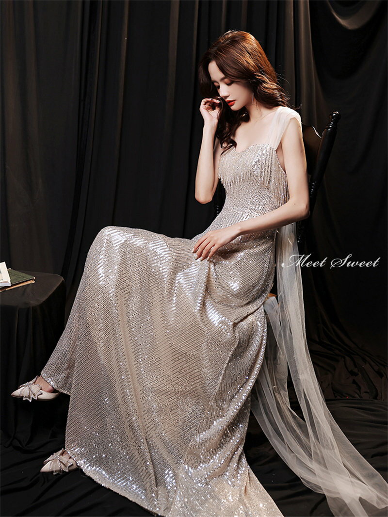 カラードレス スパンコール シャンパンシルバー リボン パーティードレス フォーマル ロングドレス スレンダードレス 結婚式 二次会 発表会 イブニングドレス ゲストドレス ウェディングドレス ウエディングドレス 女子会 同窓会 セレモニー 入学式 卒業式 披露宴