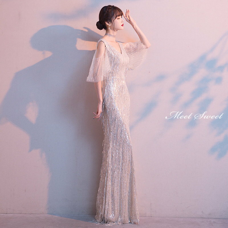 カラードレス ファスナー シルバー Vネック スパンコール パーティードレス フォーマル ロングドレス マーメイドドレス 結婚式 二次会 発表会 イブニングドレス ゲストドレス ウェディングドレス ウエディングドレス 女子会 同窓会 セレモニー 入学式 卒業式 披露宴