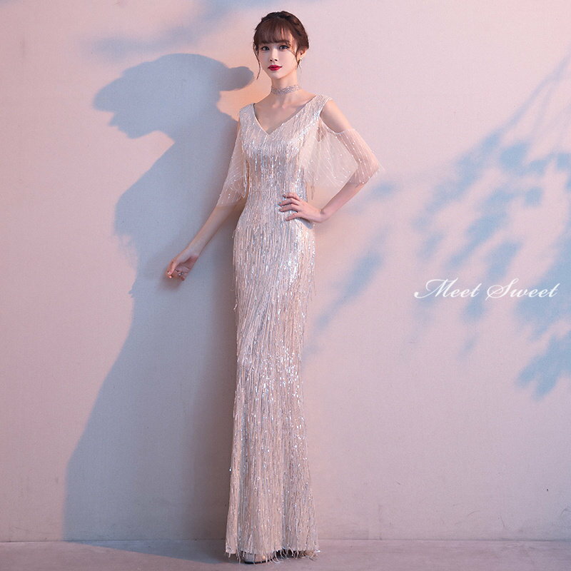 カラードレス ファスナー シルバー Vネック スパンコール パーティードレス フォーマル ロングドレス マーメイドドレス 結婚式 二次会 発表会 イブニングドレス ゲストドレス ウェディングドレス ウエディングドレス 女子会 同窓会 セレモニー 入学式 卒業式 披露宴