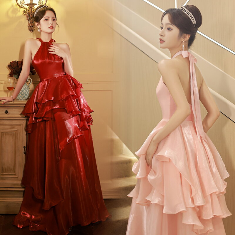 カラードレス パーティードレス ウェディングドレス ロングドレス ホルターネック オーガンジー 結婚式 二次会 発表会 レッド ピンク レトロ ビンテージ風 前撮り ゲストドレス フリル 光沢感 ウエディングドレス イブニングドレス 演奏会 披露宴 演出 Aラインドレス