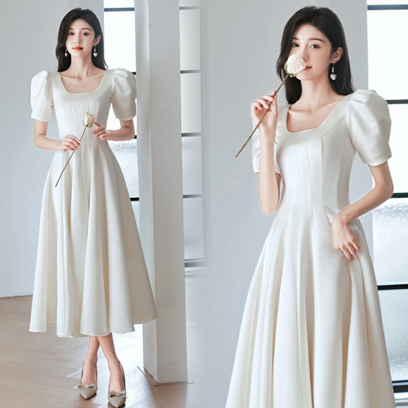 カラードレス ファスナー パーティードレス フォーマル ミディアムドレス 結婚式 二次会 披露宴 発表会 演奏会 ウェディングドレス 前撮り 半袖 オフホワイト ゲストドレス サテン パフスリーブ カクテルドレス ブライダル 海外挙式 白 セレモニー ワンピース
