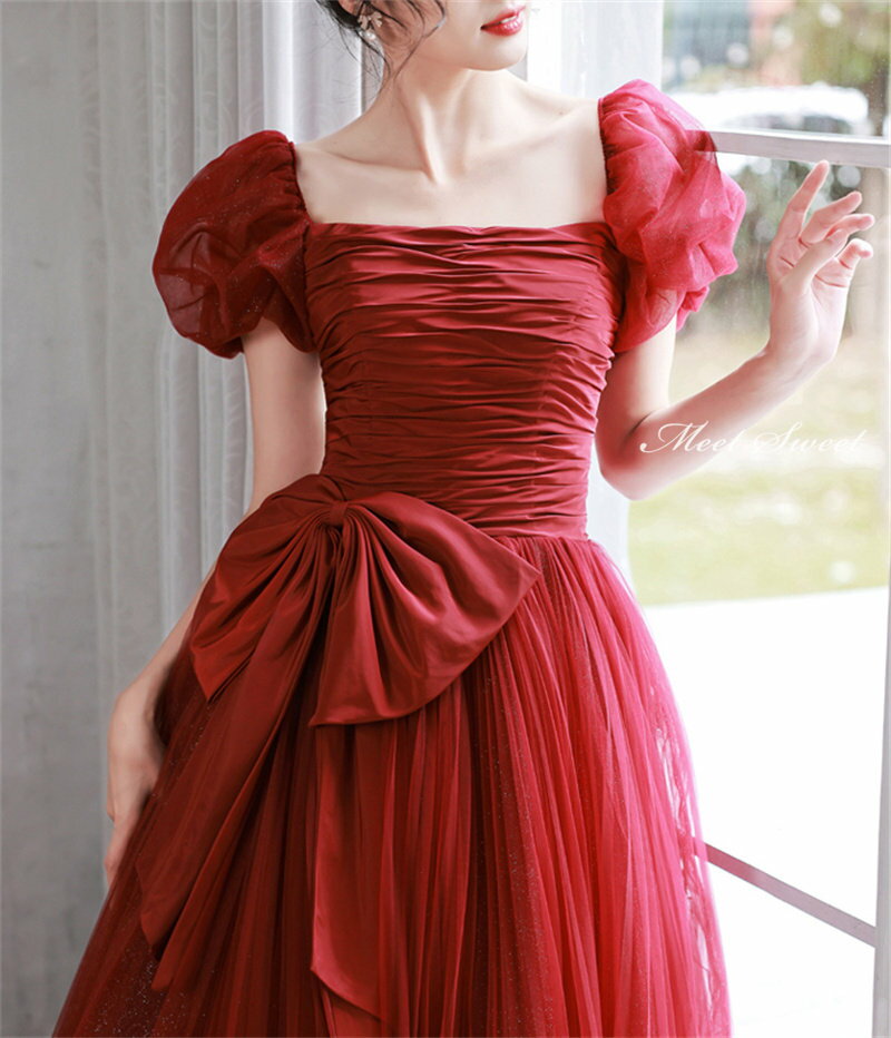 【P5倍★BLACK FRIDAY限定】カラードレス 2way 編み上げ パーティードレス ロングドレス 付け袖 レッド 結婚式 二次会 発表会 ビスチェ オフショルダー パフスリーブ ウェディングドレス ゲストドレス フォーマルドレス ウエディングドレス イブニングドレス 演奏会