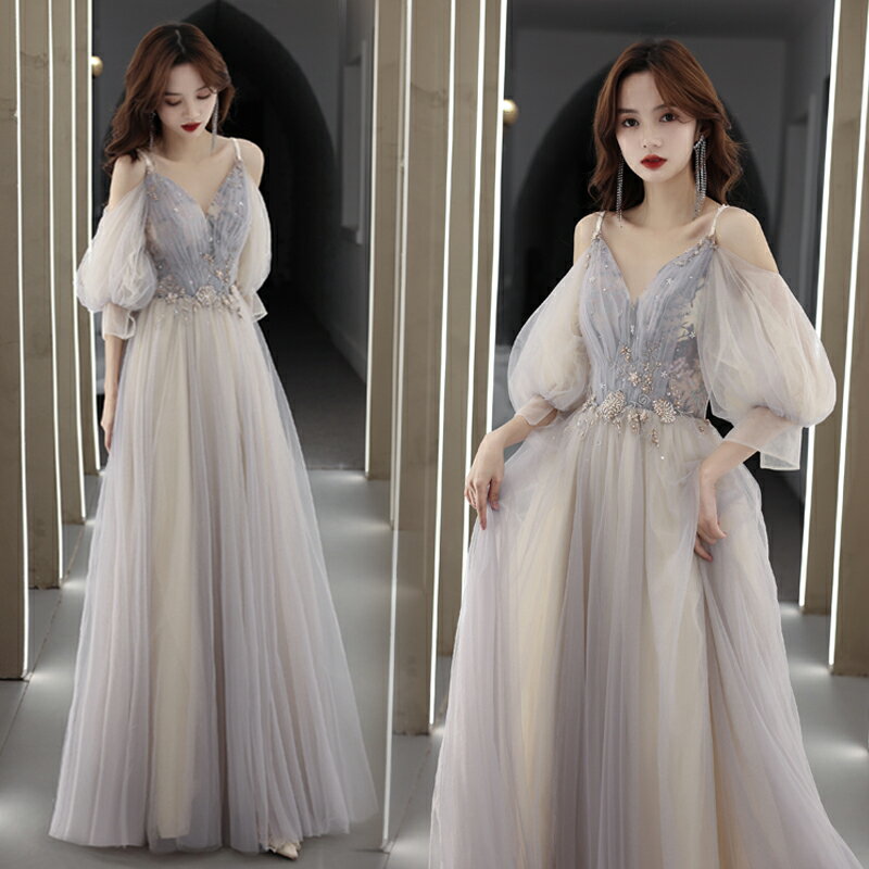 カラードレス 2way 編み上げ グレー パーティードレス フォーマルドレス ロングドレス パフスリーブ 結婚式 二次会 発表会 付け袖 ウェディングドレス 前撮り ゲストドレス ブライダル ウエディングドレス イブニングドレス 演奏会 披露宴 Aラインドレス