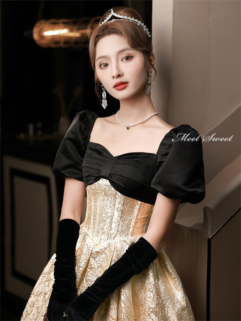 ミートスウィートの【P5倍★BLACK FRIDAY限定】カラードレス 編み上げ パーティードレス フォーマルドレス ロングドレス 半袖 パフスリーブ 結婚式 二次会 発表会 ゴールド 切替 Aライン ウェディングドレス ゲストドレス プリンセスドレス 姫風 切替 コンクール イブニングドレス 演奏会｜アングル3