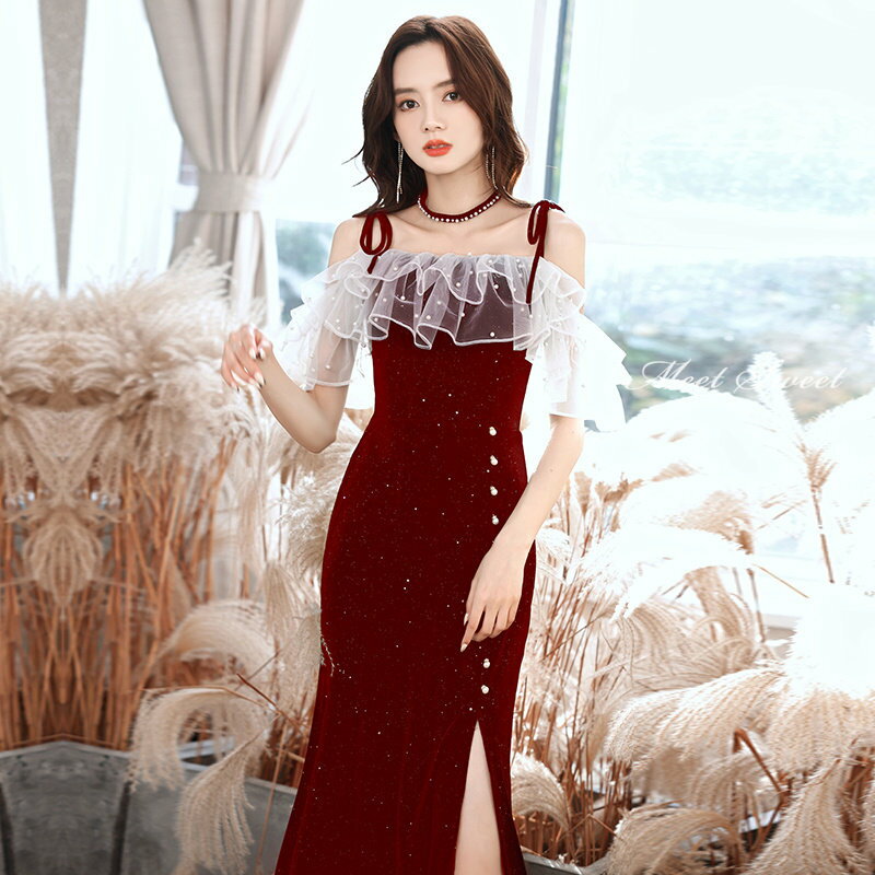 カラードレス 編み上げ パーティードレス フォーマル ロングドレス ベルベット 結婚式 二次会 発表会 ワインレッド マーメイドドレス スリット 赤 キャミソール ゲストドレス ウェディングドレス ウエディングドレス イブニングドレス 演奏会 披露宴 フリル リボン