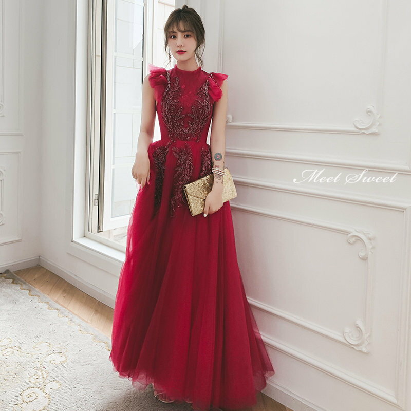 カラードレス 編み上げ パーティードレス フォーマルドレス ロングドレス フリルスリーブ ワインレッド 結婚式 二次会 発表会 ノースリーブ 赤 スレンダードレス ゲストドレス ウェディングドレス ウエディングドレス イブニングドレス 演奏会 披露宴 Aラインドレス