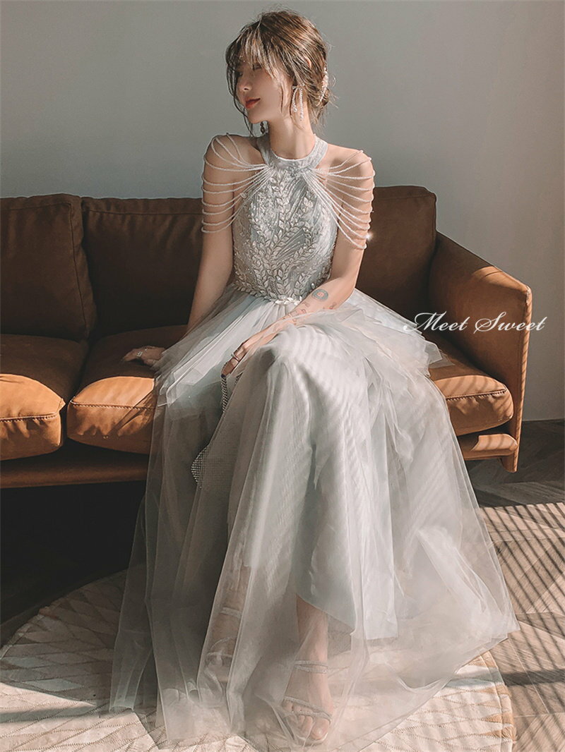 カラードレス ファスナー パーティードレス フォーマルドレス ロングドレス グレー ホルターネック ビーズ フリル 結婚式 二次会 発表会 カクテルドレス お洒落 ゲストドレス ウェディングドレス ウエディングドレス イブニングドレス 演奏会 披露宴 Aラインドレス