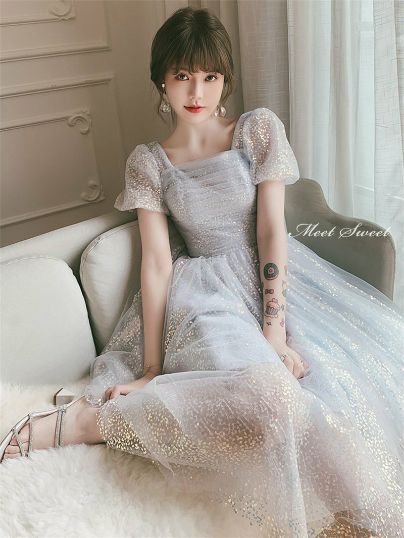 カラードレス ファスナー パーティードレス フォーマルドレス ミディアムドレス ミニドレス グレー 半袖 結婚式 二次会 披露宴 発表会 演奏会 カクテルドレス ゲストドレス ウェディングドレス パフスリーブ ブライダル お呼ばれ セレモニー ワンピース キラキラ