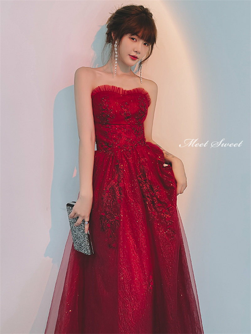 カラードレス 編み上げ パーティードレス フォーマル ロングドレス ビスチェ ワインレッド 結婚式 二次会 発表会 Aラインドレス ベアトップ ウェディングドレス ゲストドレス ブライダル 花嫁 ウエディングドレス イブニングドレス ピアノ演奏会 披露宴 コンサート