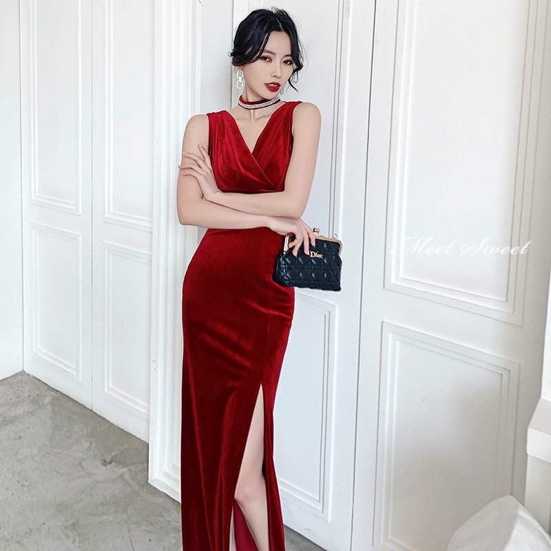 カラードレス ファスナー パーティードレス フォーマルドレス ロングドレス ワインレッド ベルベット スリット 結婚式 二次会 発表会 Vネック スレンダードレス ゲストドレス ウェディングドレス ウエディングドレス イブニングドレス 演奏会 披露宴 マーメイドドレス
