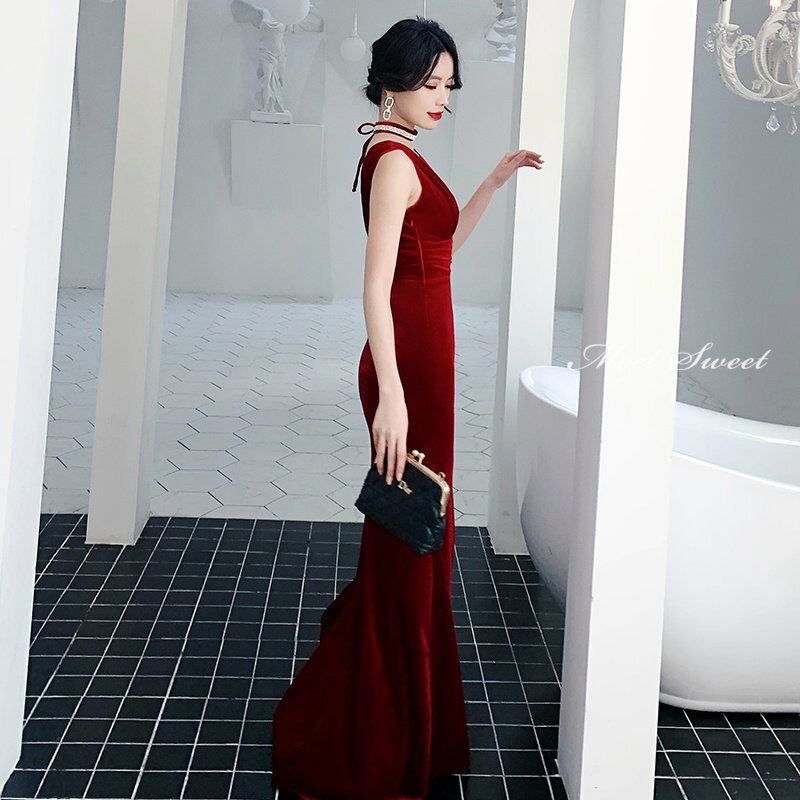カラードレス ファスナー パーティードレス フォーマルドレス ロングドレス ワインレッド ベルベット スリット 結婚式 二次会 発表会 Vネック スレンダードレス ゲストドレス ウェディングドレス ウエディングドレス イブニングドレス 演奏会 披露宴 マーメイドドレス