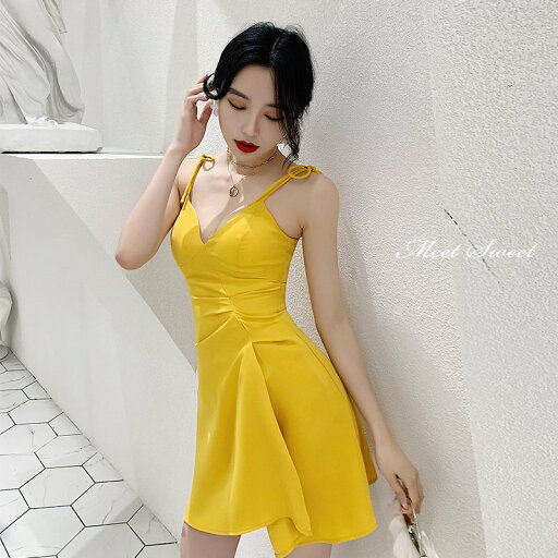 カラードレス ファスナー パーティードレス フォーマルドレス ミニドレス イエロー 結婚式 二次会 披露宴 発表会 キャミソール ノースリーブ カクテルドレス ゲストドレス ウェディングドレス ノースリーブ 黄色 ブライダル お呼ばれドレス セレモニー ワンピース