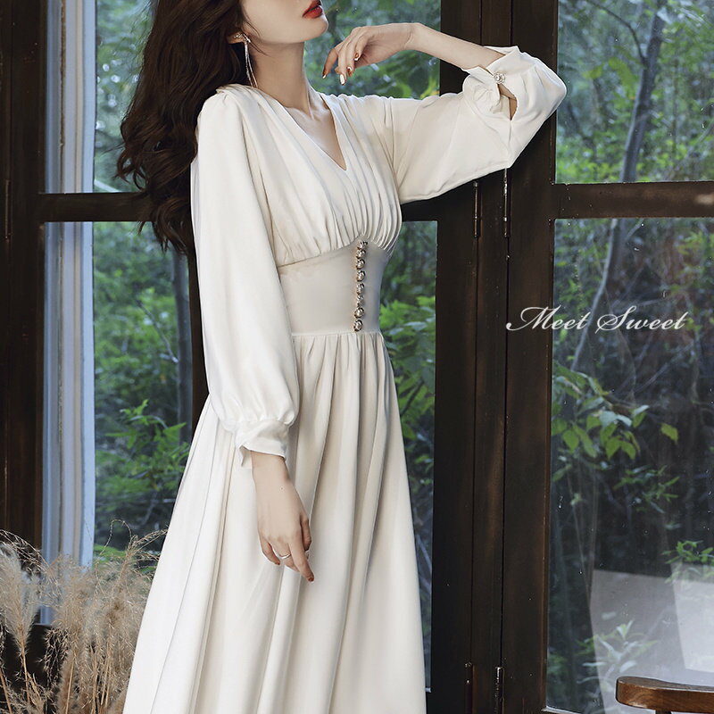 カラードレス ファスナー パーティードレス フォーマルドレス ミディアムドレス 長袖 Vネック 結婚式 二次会 披露宴 発表会 演奏会 ミモレドレス オフホワイト ゲストドレス ウェディングドレス カクテルドレス ブライダル ウエディングドレス 前撮り ワンピース