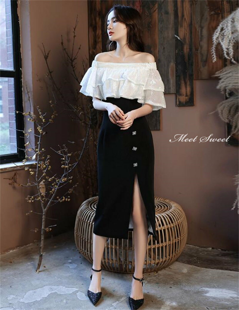 カラードレス ファスナー パーティードレス フォーマル ミディアムドレス オフショルダー ホワイト ブラック 切替 結婚式 二次会 披露宴 発表会 演奏会 スリット ゲストドレス ウェディングドレス カクテルドレス ブライダル お呼ばれドレス セレモニー ワンピース