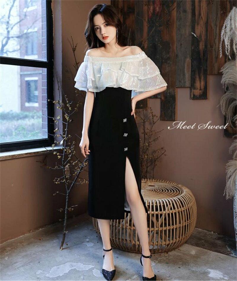 カラードレス ファスナー パーティードレス フォーマル ミディアムドレス オフショルダー ホワイト ブラック 切替 結婚式 二次会 披露宴 発表会 演奏会 スリット ゲストドレス ウェディングドレス カクテルドレス ブライダル お呼ばれドレス セレモニー ワンピース