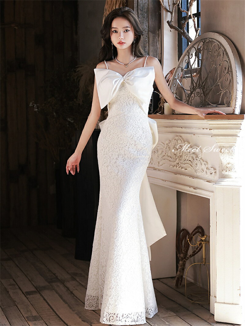 カラードレス 編み上げ パーティードレス リボン ノースリーブ ロングドレス マーメイドドレス ホワイト 白 総レース 結婚式 二次会 発表会 ウェディングドレス ゲストドレス マーメイドラインドレス ウエディングドレス イブニングドレス 演奏会 披露宴 キャミソール