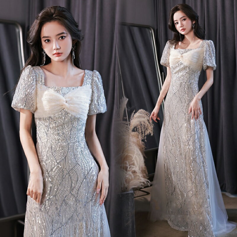 カラードレス ファスナー パーティードレス フォーマル ロングドレス シャンパン 半袖 スレンダードレス 結婚式 二次会 発表会 スクエアネック スパンコール ゲストドレス ウェディングドレス ウエディングドレス イブニングドレス 演奏会 披露宴 花嫁 ブライダル